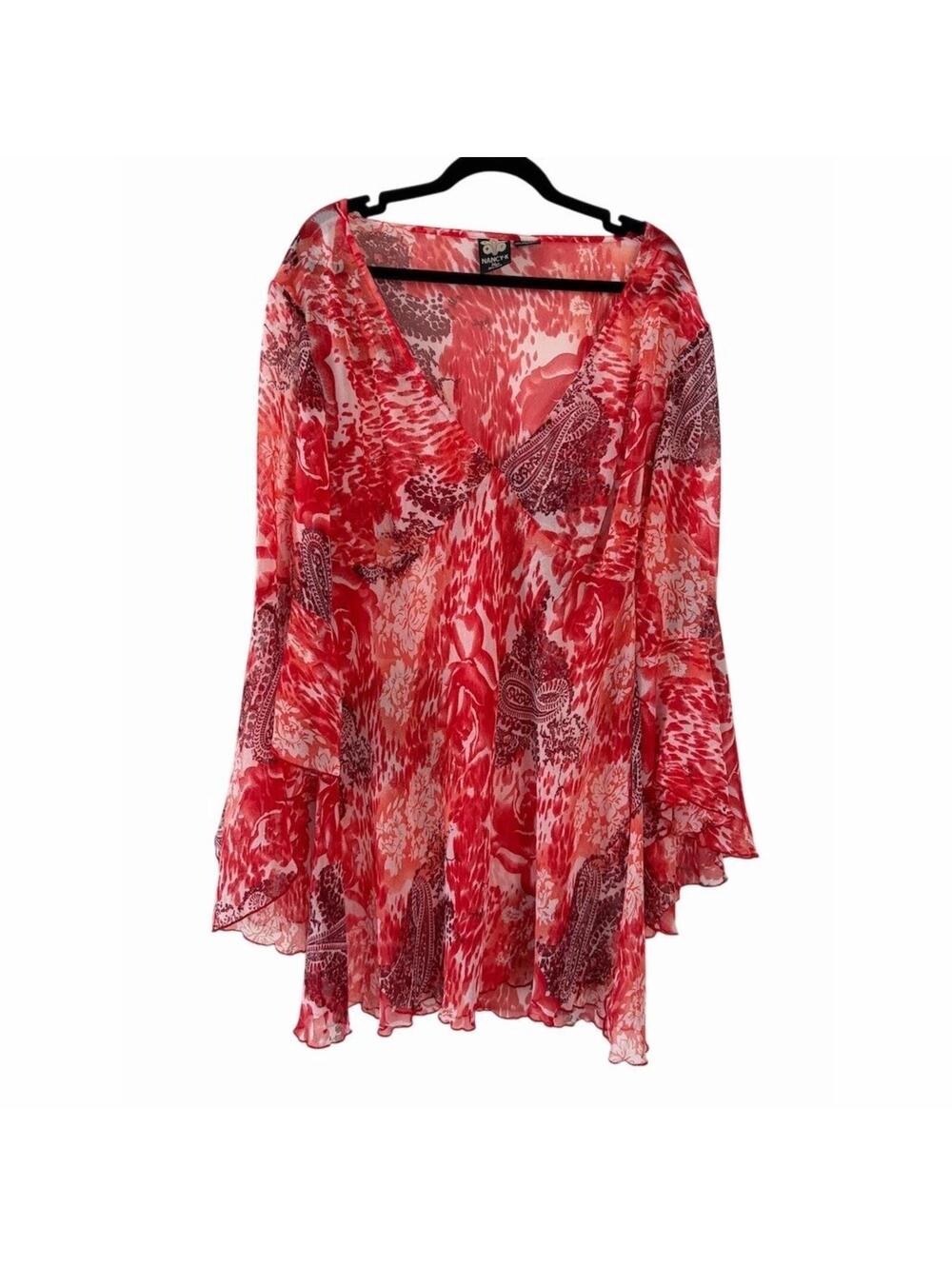 Nancy-K Plus Dress Womens 3XL Red Floral Paisley Sheer Bell Sleeve Cover Up